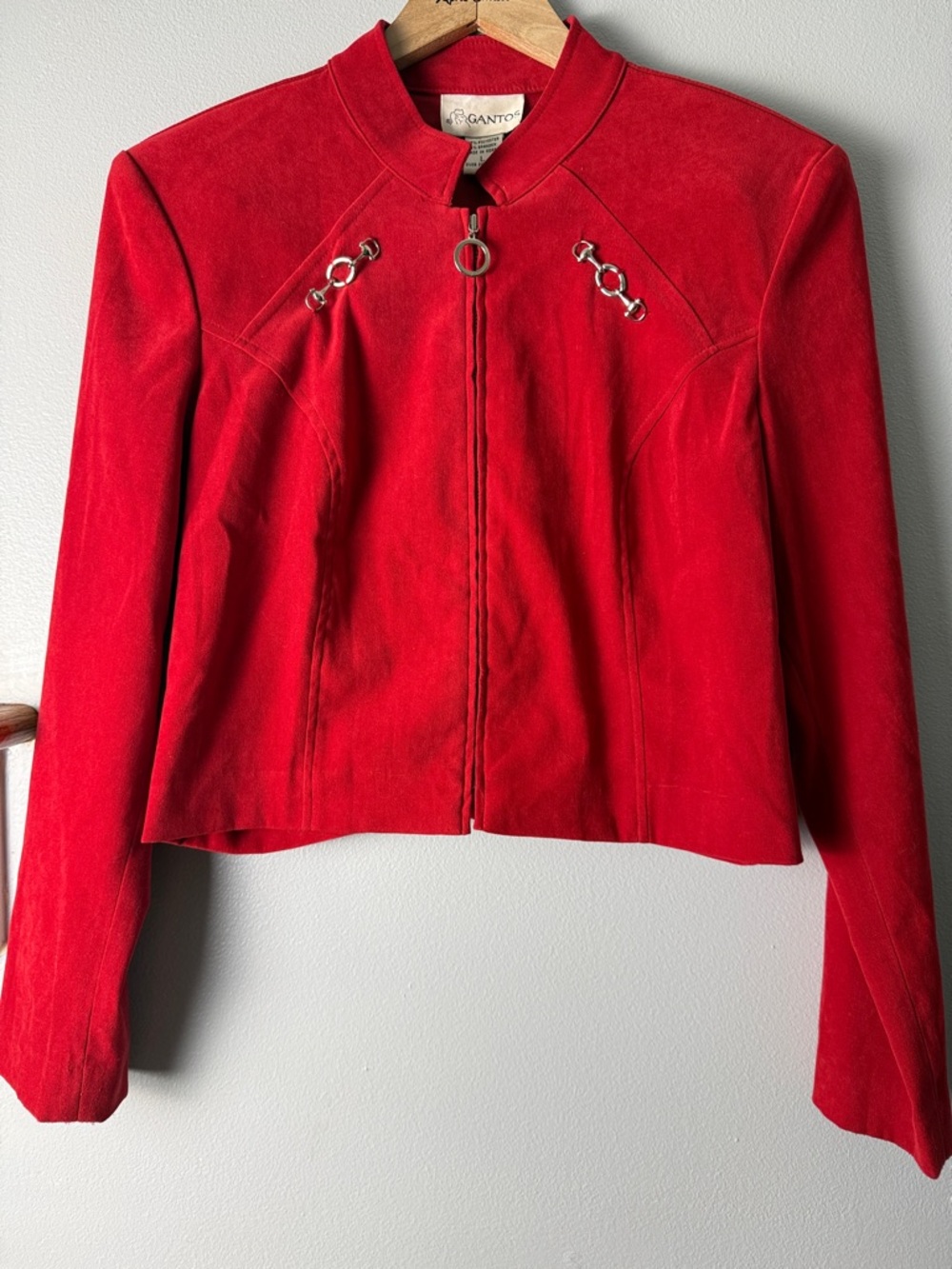 Vintage Gantos Red Suede Zip-Front Women's Jacket. Horse bits. Velvet